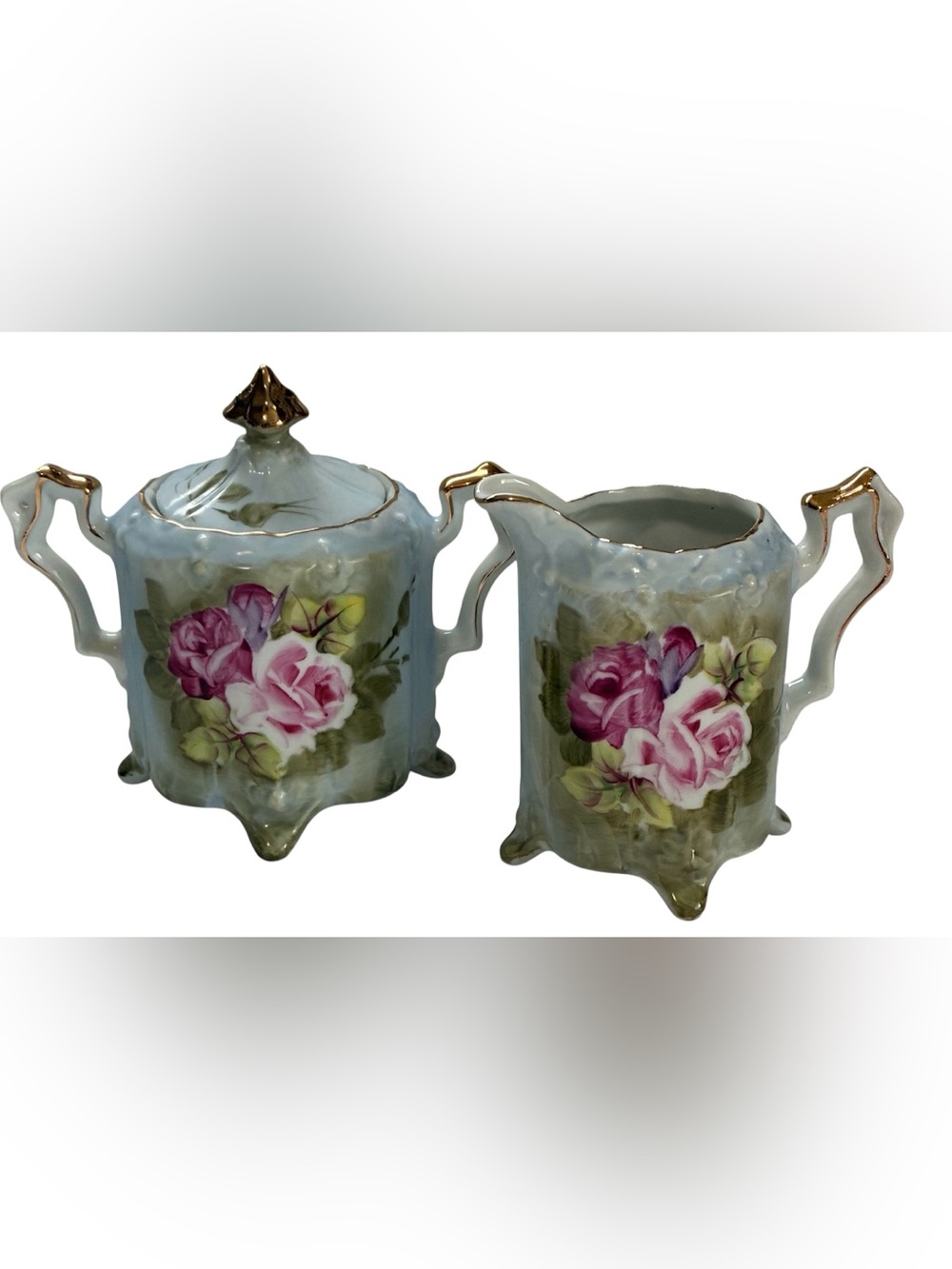 VINTAGE PORCELAIN CREAM & SUGAR SET ROSE FLORAL